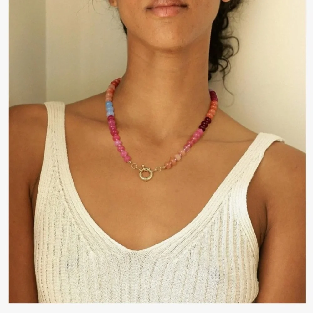 Multicolor Gemstone Beaded Necklace with Gold-Tone Clasp - Pink Blue Orange new